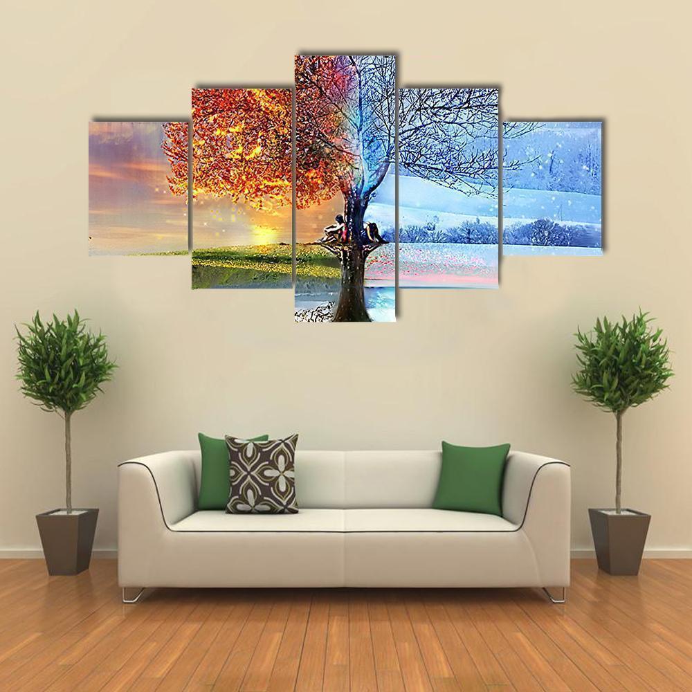 Colorful Tree In Two Season Nature Canvas Wall Art