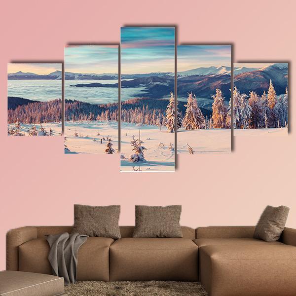 Colorful Winter Panorama Of Snowy Mountains Nature Canvas Wall Art
