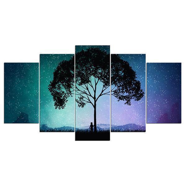 Cosmic Sky Starts Nighttime Tree Person Silhouette Nature Canvas Wall Art