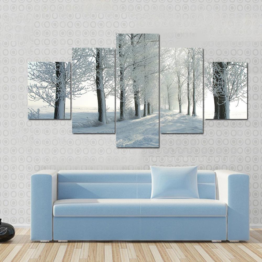 Country Road Leading Among Frosted Trees On A Sunny Morning Nature Canvas Wall Art