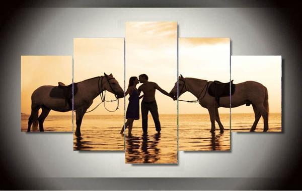 Couple Kissing With Their Horse At Sunset Nature Canvas Wall Art