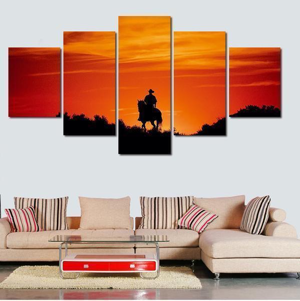Cowboy Riding His Horse During Sunset Nature Canvas Wall Art