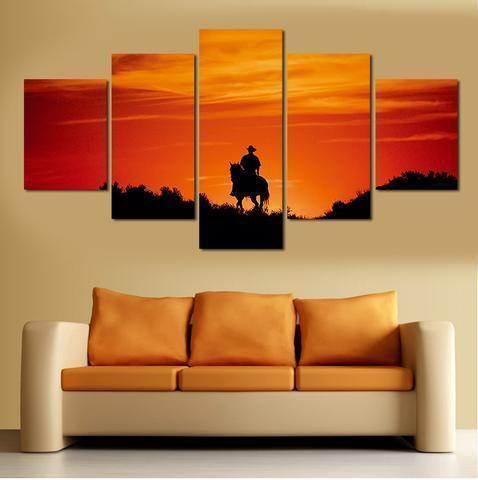 Cowboy Riding His Horse During Sunset Nature Canvas Wall Art