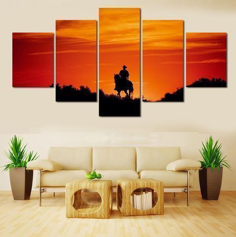 Cowboy Riding His Horse During Sunset Nature Canvas Wall Art
