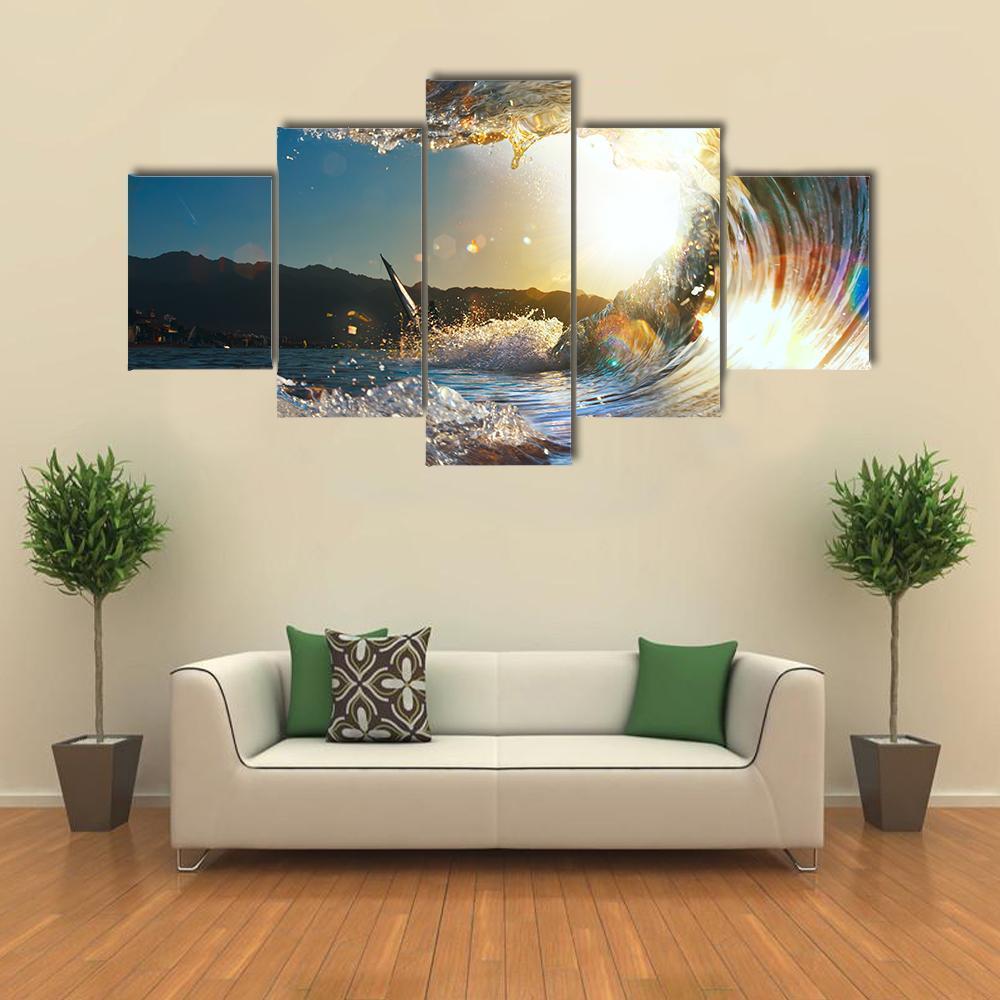 Curly Breaking Wave Shining In Sunlight Nature Canvas Wall Art