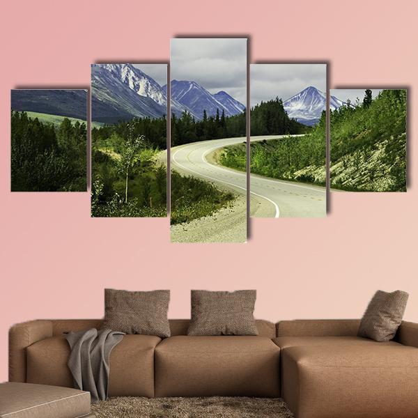 Curved Asphalt Road In High Mountains Of Alaska Nature Canvas Wall Art