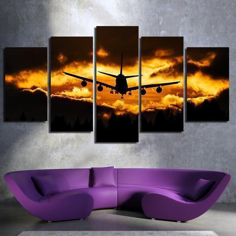 Dark Clouds And Airplane In Sunset Airplane Canvas Wall Art