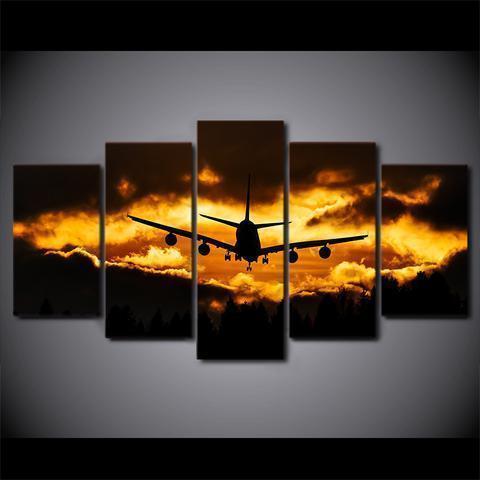 Dark Clouds And Airplane In Sunset Airplane Canvas Wall Art