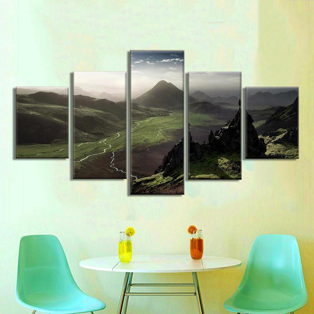 Dark Green Steep Mountains And White Clouds Landscape View Nature Canvas Wall Art