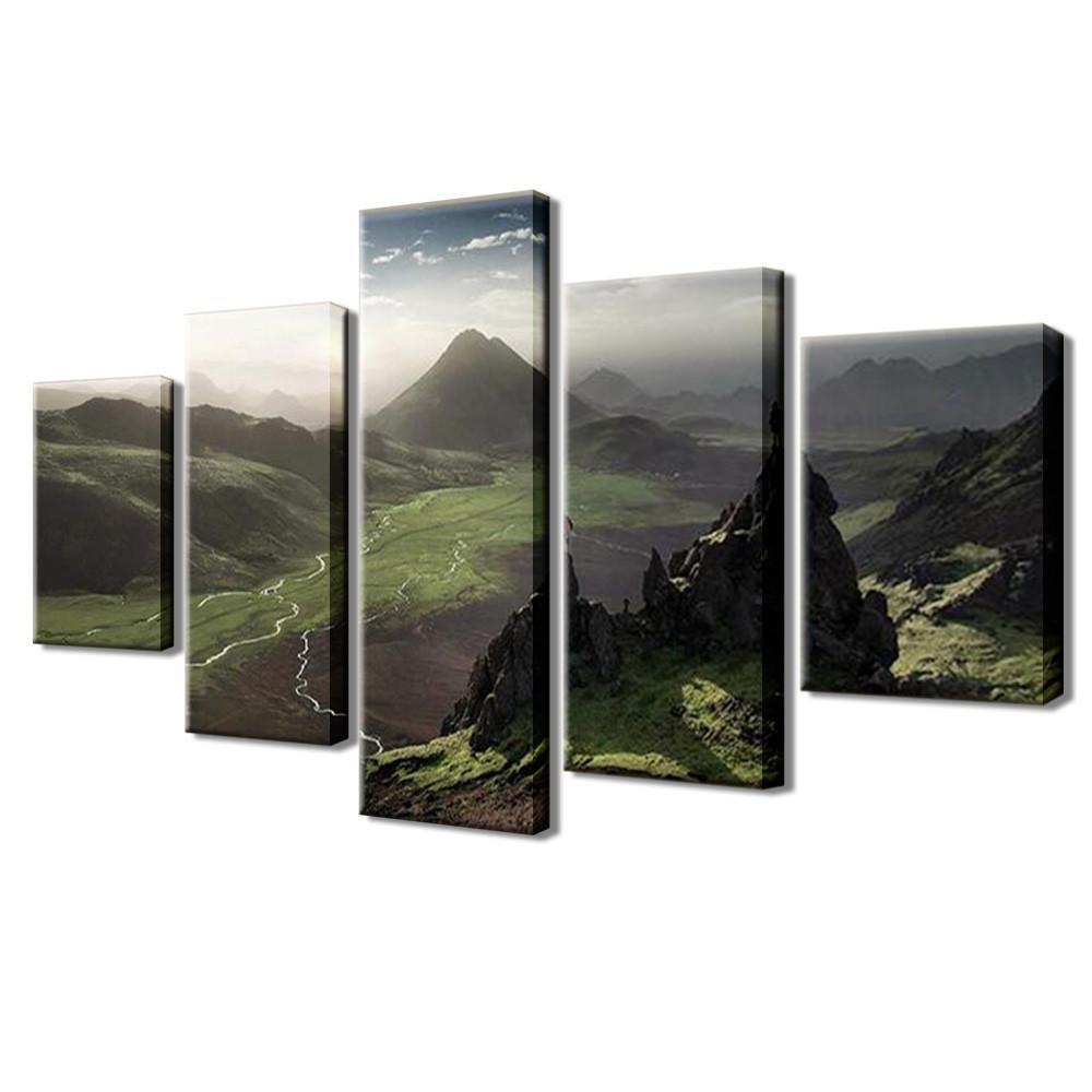 Dark Green Steep Mountains And White Clouds Landscape View Nature Canvas Wall Art