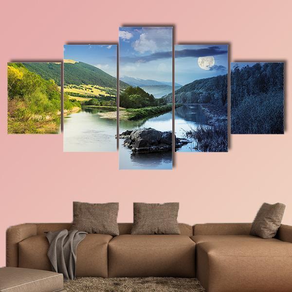 Day And Night Collage Mountain River In Forest Nature Canvas Wall Art