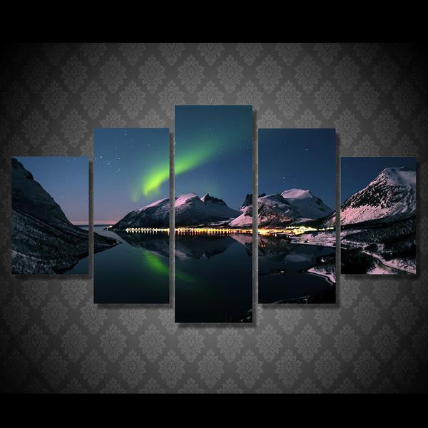 Dazzling Northern Lights Aurora Mountain Reflection Over Lake Nature Canvas Wall Art