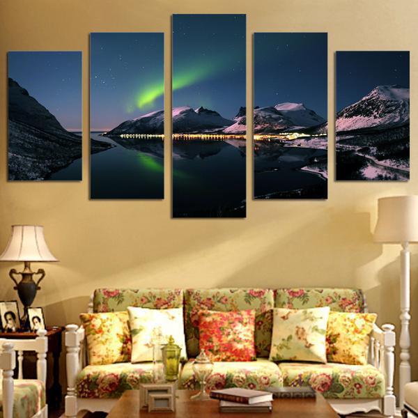 Dazzling Northern Lights Aurora Mountain Reflection Over Lake Nature Canvas Wall Art