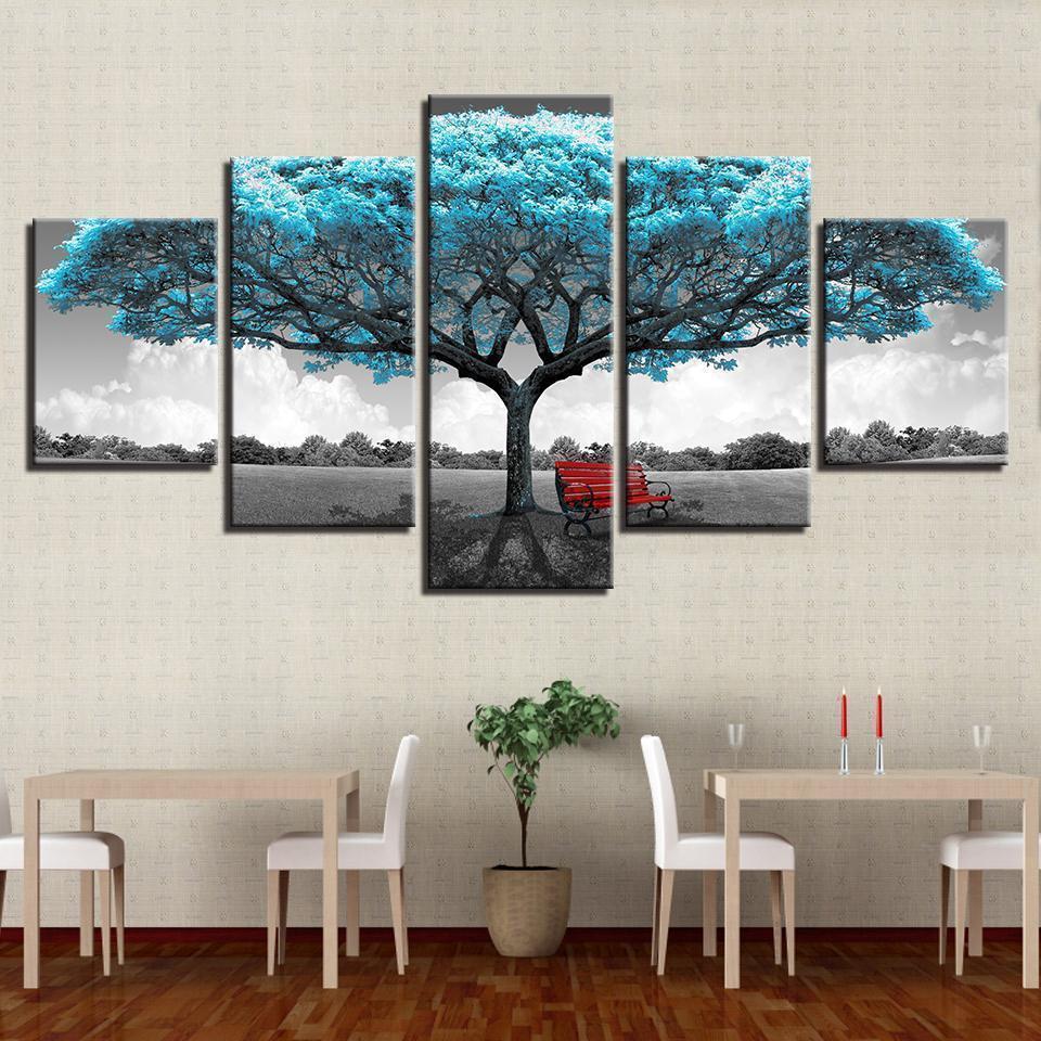 Decor Blue Big Tree Rchair Abstract Landscape Nature Canvas Wall Art