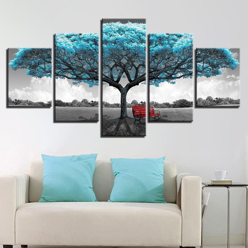 Decor Blue Big Tree Rchair Abstract Landscape Nature Canvas Wall Art