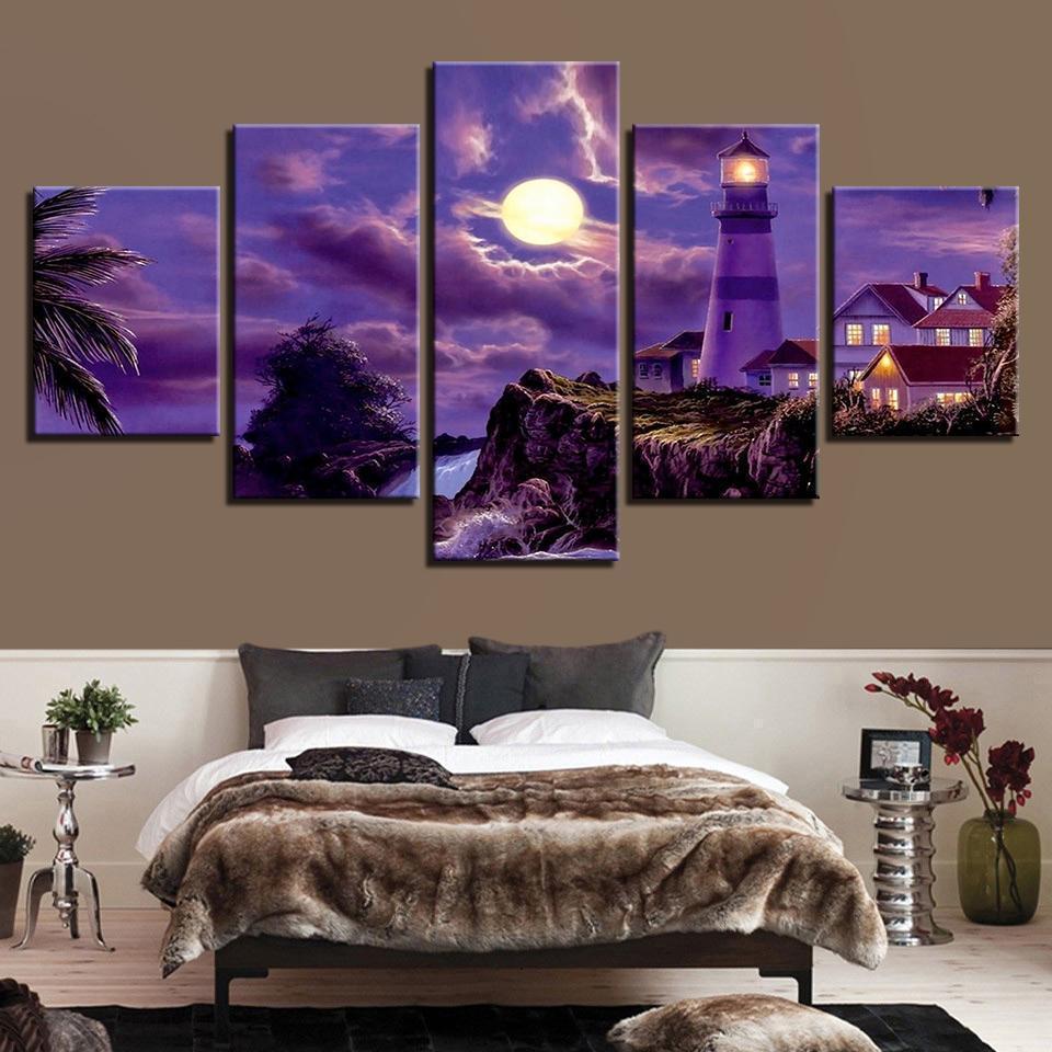 Decor Coastal Village House Lighthouse Moonlit Night Nature Canvas Wall Art