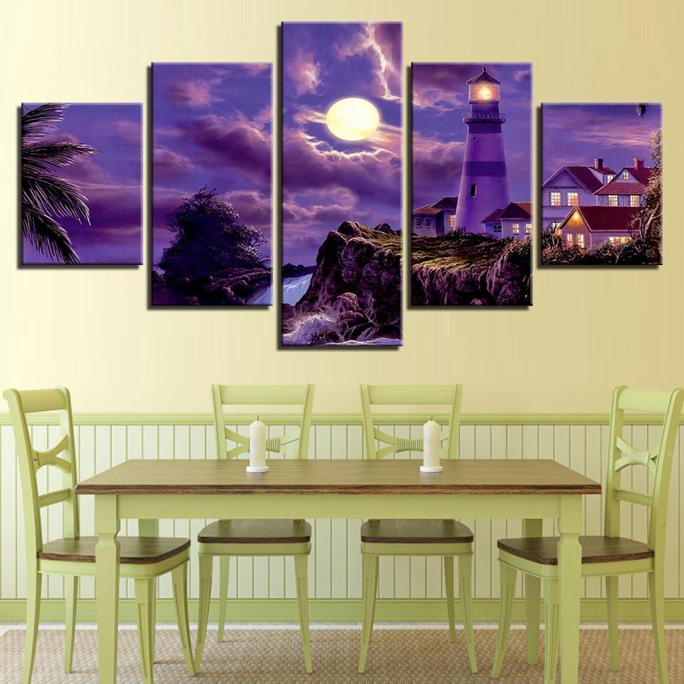Decor Coastal Village House Lighthouse Moonlit Night Nature Canvas Wall Art