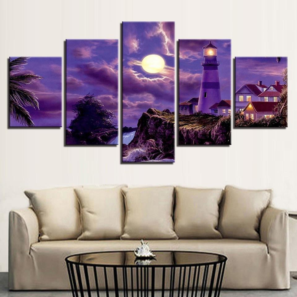 Decor Coastal Village House Lighthouse Moonlit Night Nature Canvas Wall Art