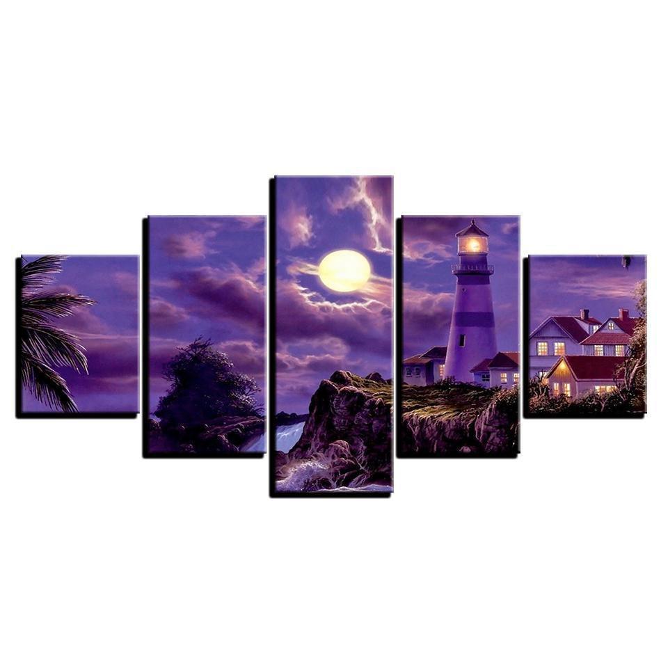 Decor Coastal Village House Lighthouse Moonlit Night Nature Canvas Wall Art
