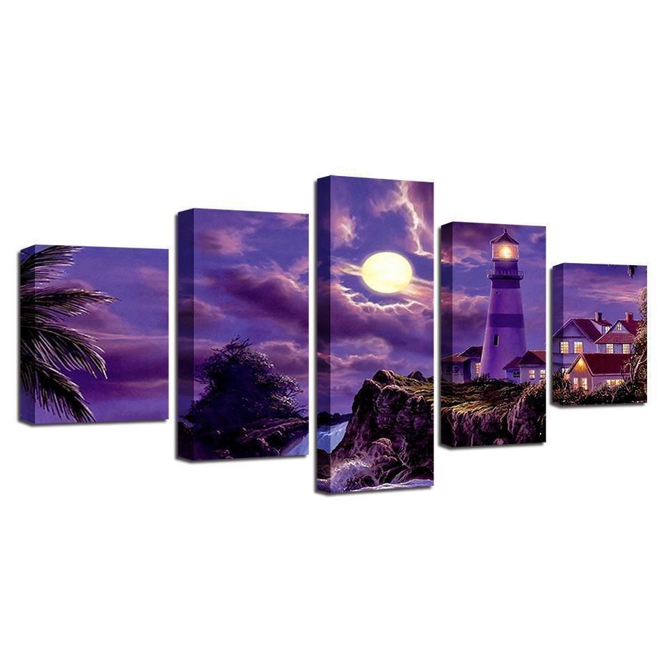 Decor Coastal Village House Lighthouse Moonlit Night Nature Canvas Wall Art