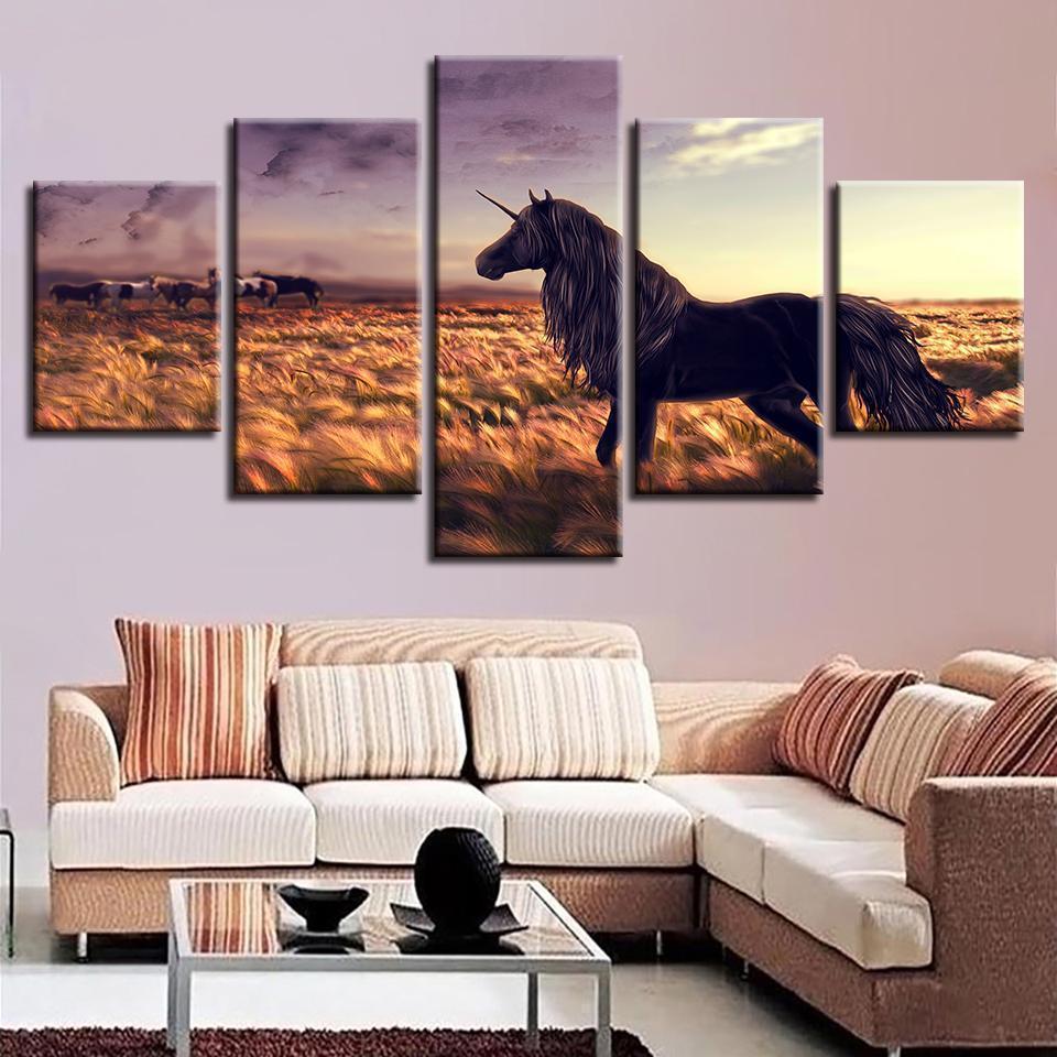 Decor Fantasy Black Unicorn And Prairie Horses Abstract Animal Canvas Wall Art