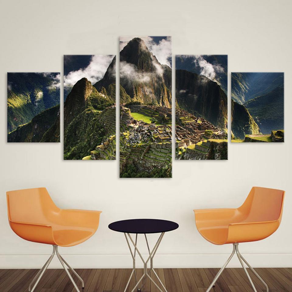 Decor Machu Picchu Peru Mountains Clouds Hills Landscape Nature Canvas Wall Art