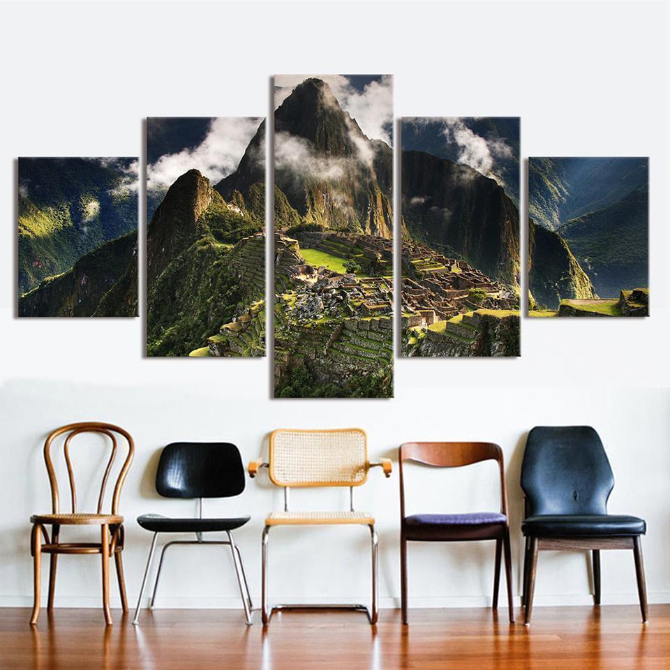 Decor Machu Picchu Peru Mountains Clouds Hills Landscape Nature Canvas Wall Art