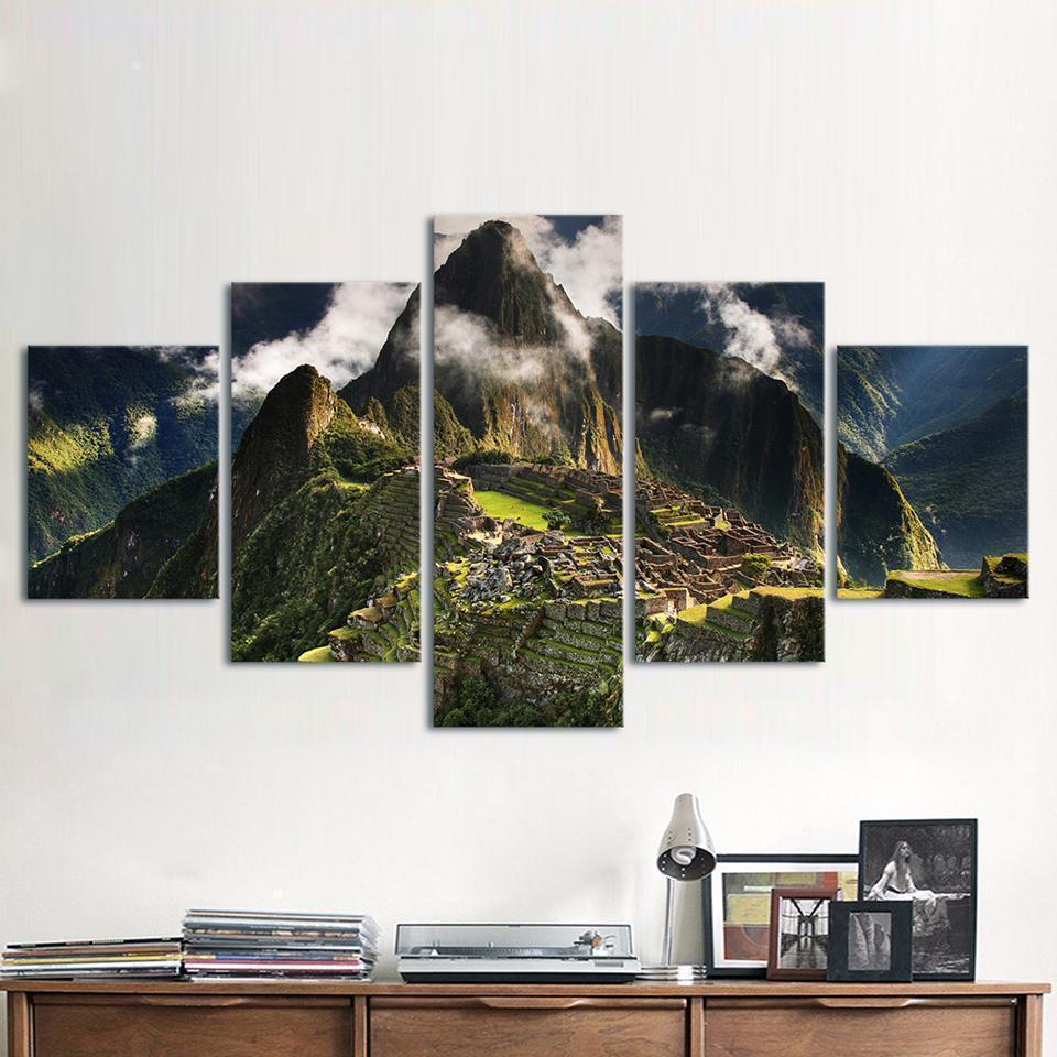 Decor Machu Picchu Peru Mountains Clouds Hills Landscape Nature Canvas Wall Art