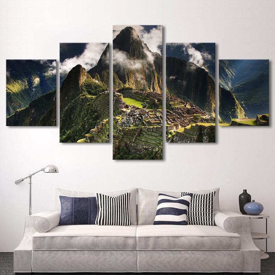 Decor Machu Picchu Peru Mountains Clouds Hills Landscape Nature Canvas Wall Art