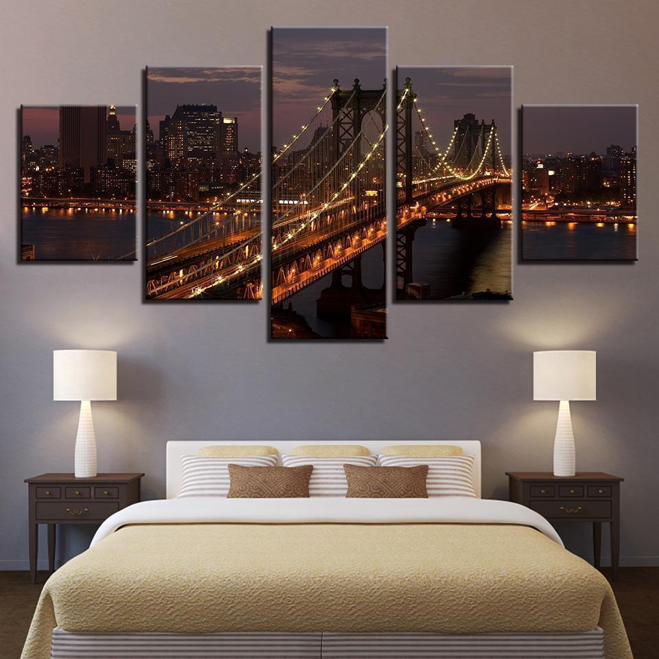 Decor Manhattan Bridge New York City Night Landscape Nature Canvas Wall Art