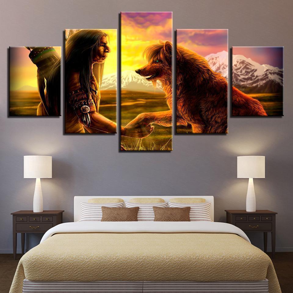 Decor Native American Indian With Animal Wolf Cartoon Canvas Wall Art