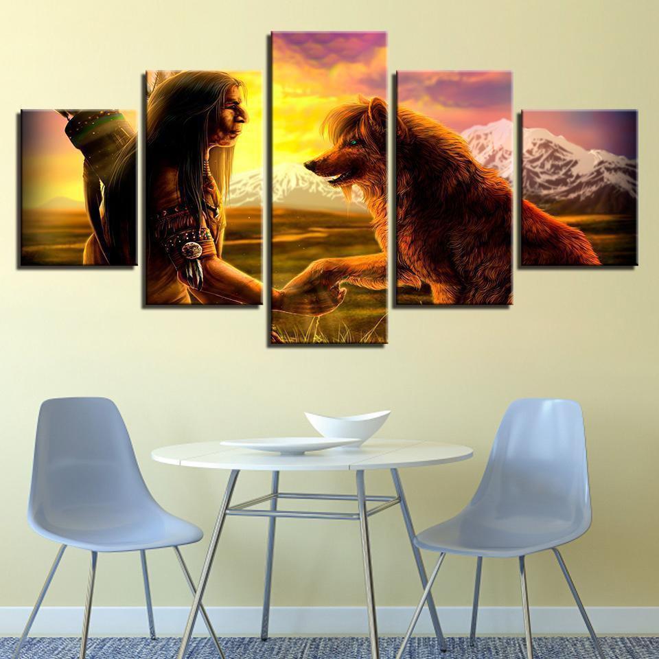 Decor Native American Indian With Animal Wolf Cartoon Canvas Wall Art