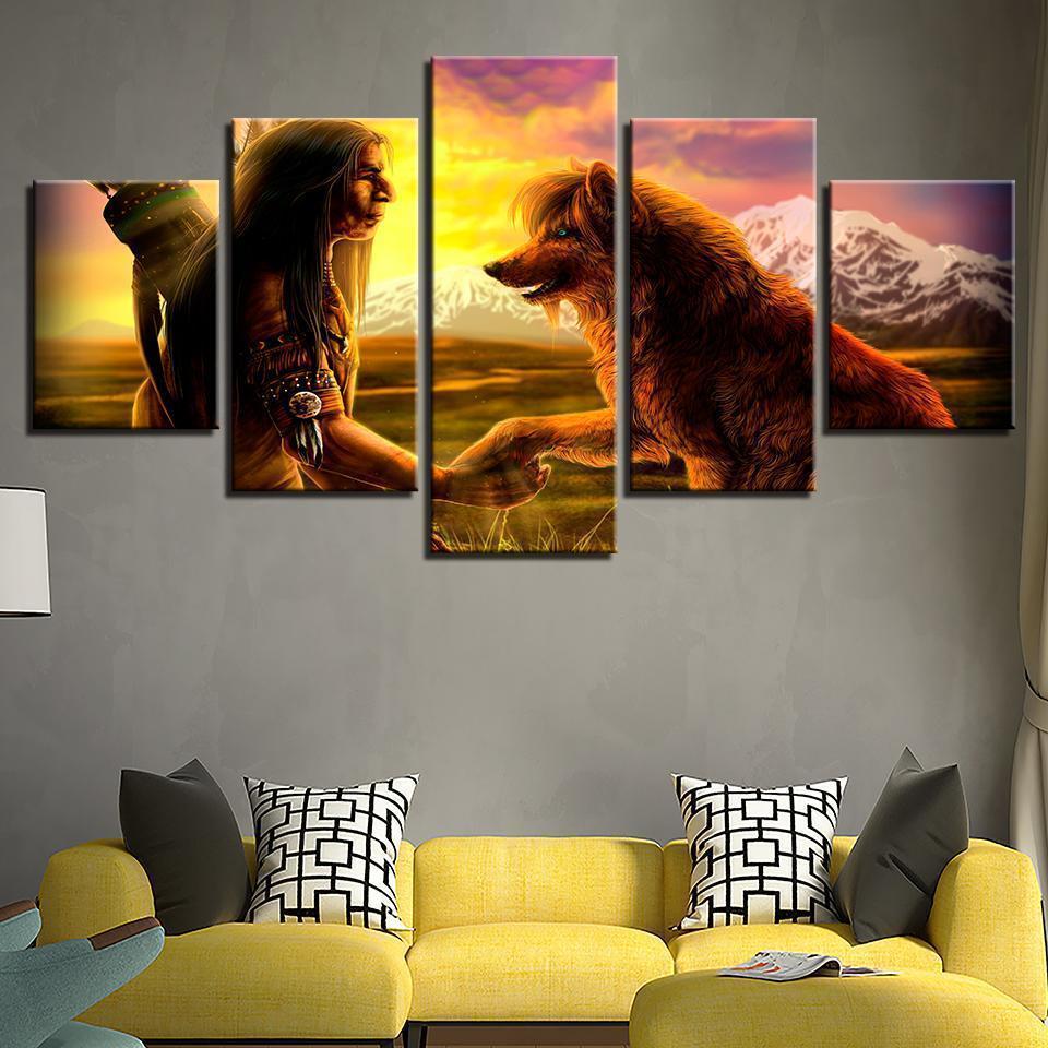 Decor Native American Indian With Animal Wolf Cartoon Canvas Wall Art
