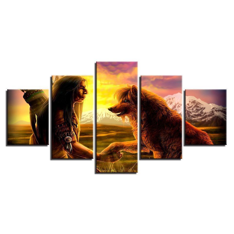 Decor Native American Indian With Animal Wolf Cartoon Canvas Wall Art