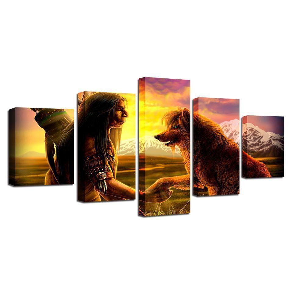 Decor Native American Indian With Animal Wolf Cartoon Canvas Wall Art