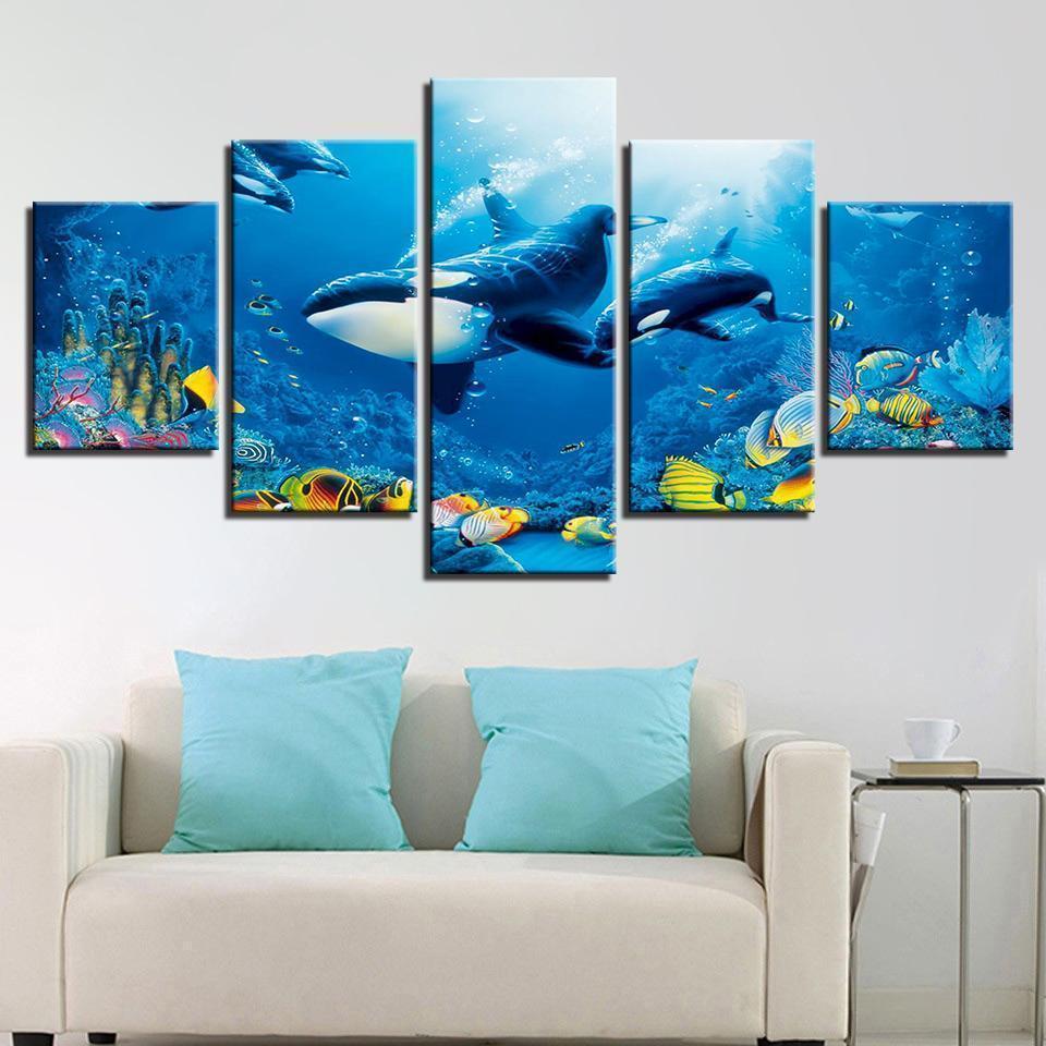 Deep Blue Ocean Whale Goldfish Animal Canvas Wall Art