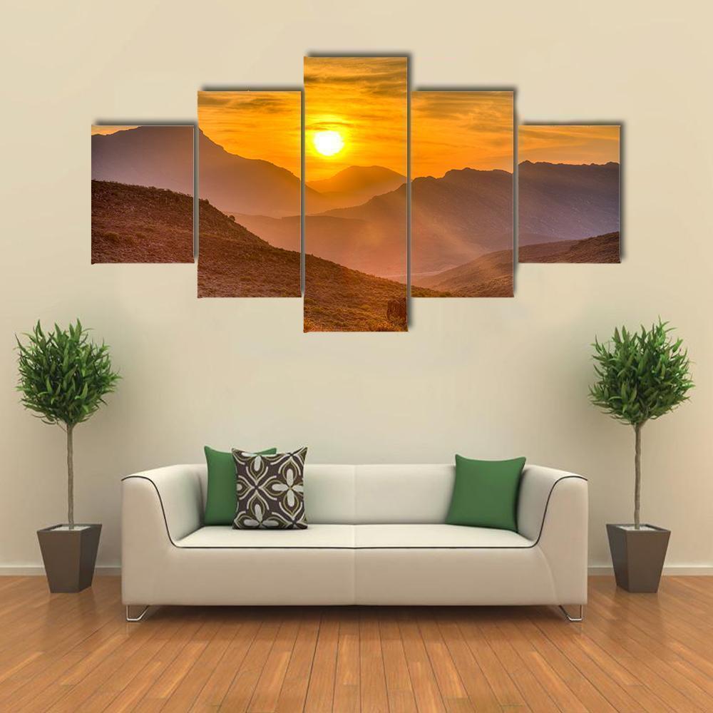 Deep Orange Sunset Behind The Mountains Nature Canvas Wall Art