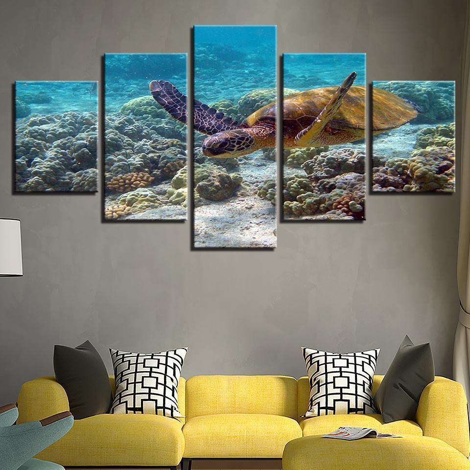 Deep Sea Turtles Swimming Seascape Animal Canvas Wall Art