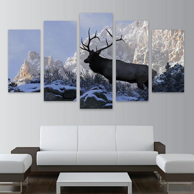 Deer Elk In Snow Montain  Animal Canvas Wall Art