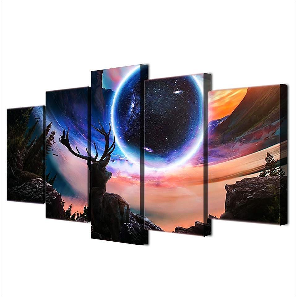 Deer Elk Moose Moon Star Space Universe Canvas Wall Art
