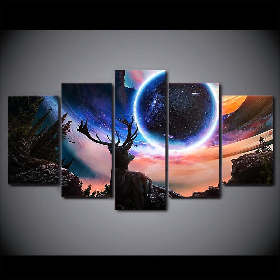 Deer Elk Moose Moon Star Space Universe Canvas Wall Art