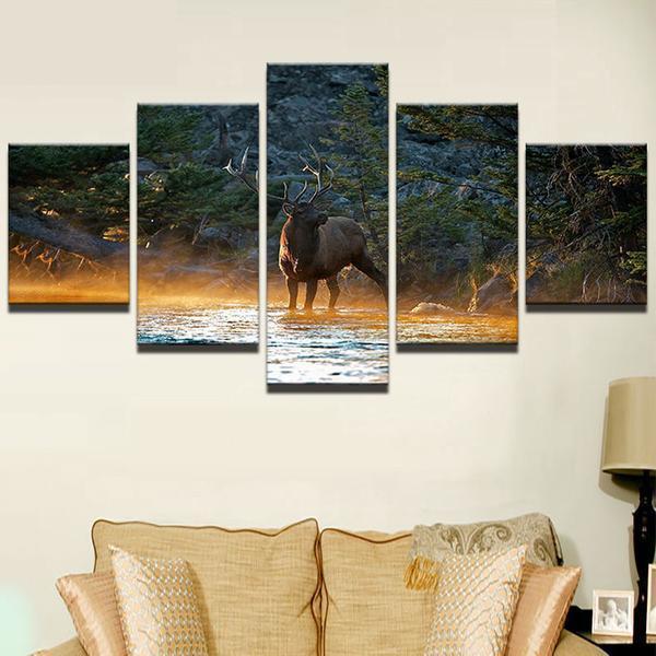 Deer In Creek River Landscape Animal Canvas Wall Art