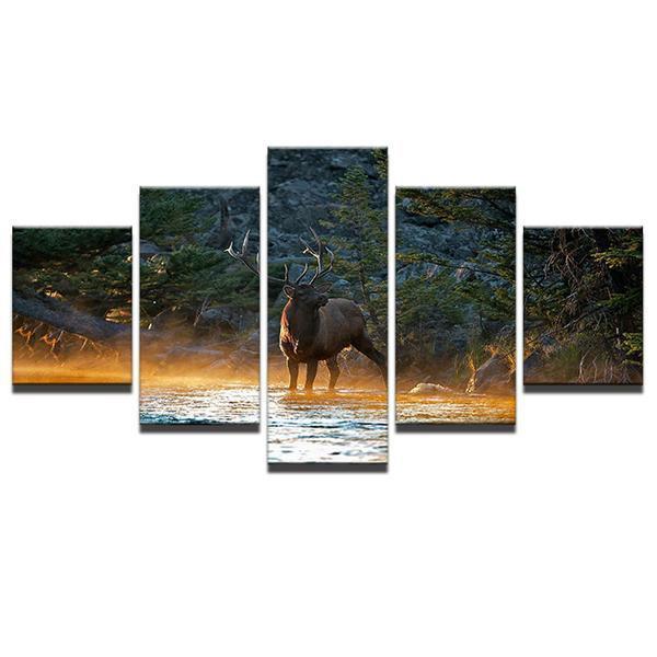 Deer In Creek River Landscape Animal Canvas Wall Art