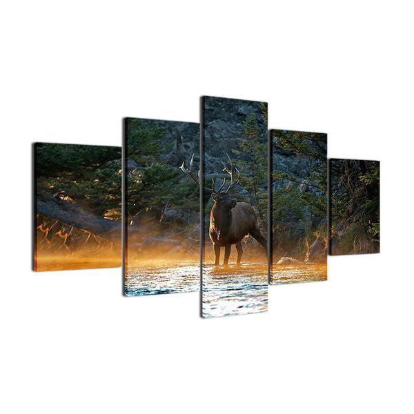Deer In Creek River Landscape Animal Canvas Wall Art