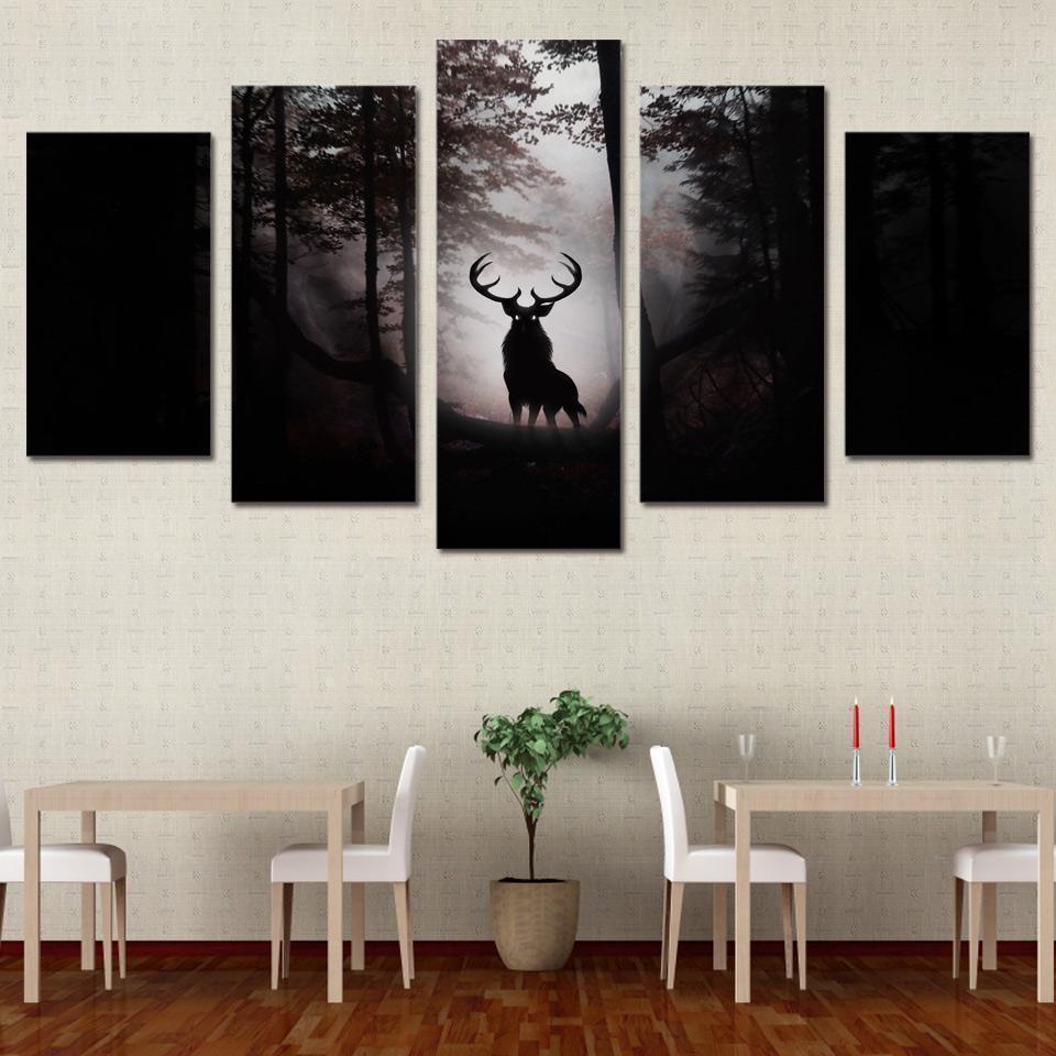 Deer In The Dark Forest Animal Canvas Wall Art