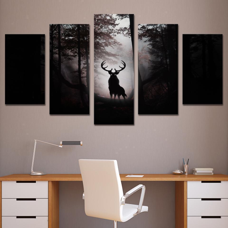 Deer In The Dark Forest Animal Canvas Wall Art