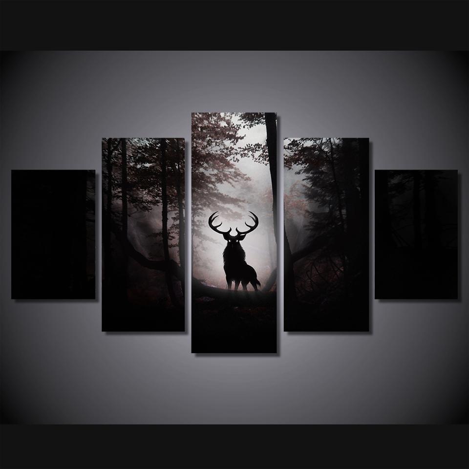 Deer In The Dark Forest Animal Canvas Wall Art