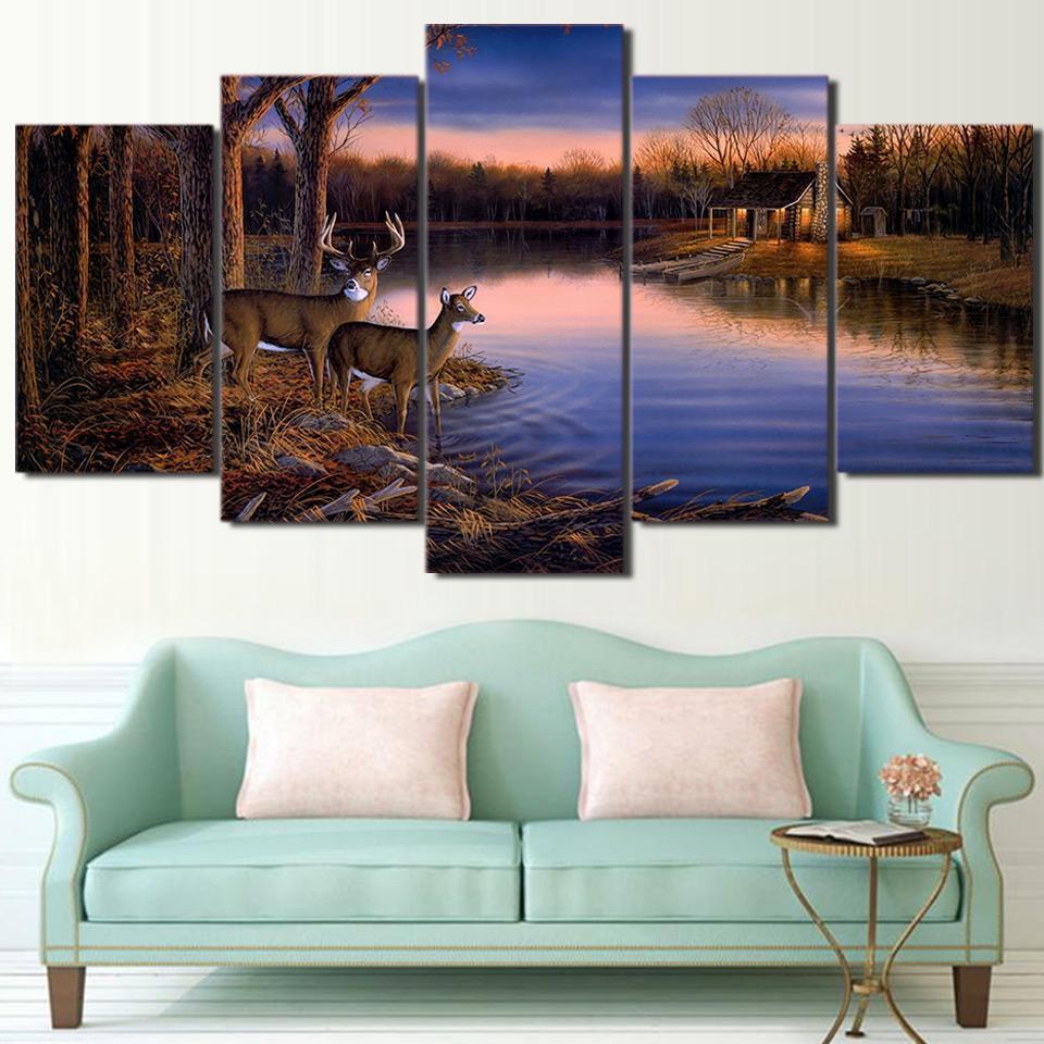 Deer Lake In The Sunset Landscape Canvas Wall Art