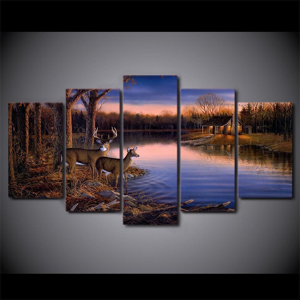 Deer Lake In The Sunset Landscape Canvas Wall Art