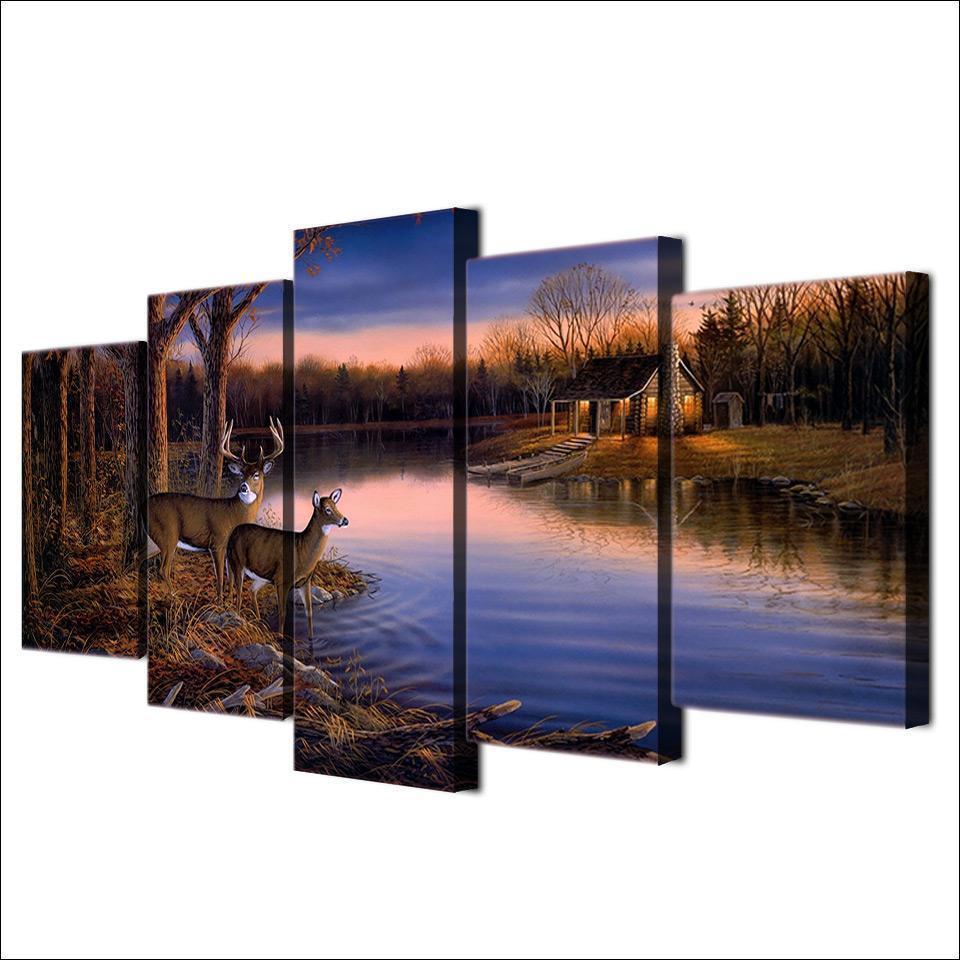 Deer Lake In The Sunset Landscape Canvas Wall Art